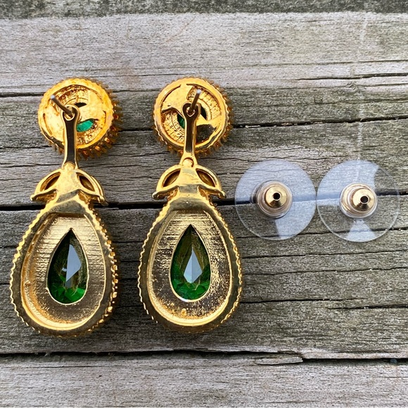 Emerald CZ drop earrings converts to studs or dangle halo gold tone - Picture 8 of 14